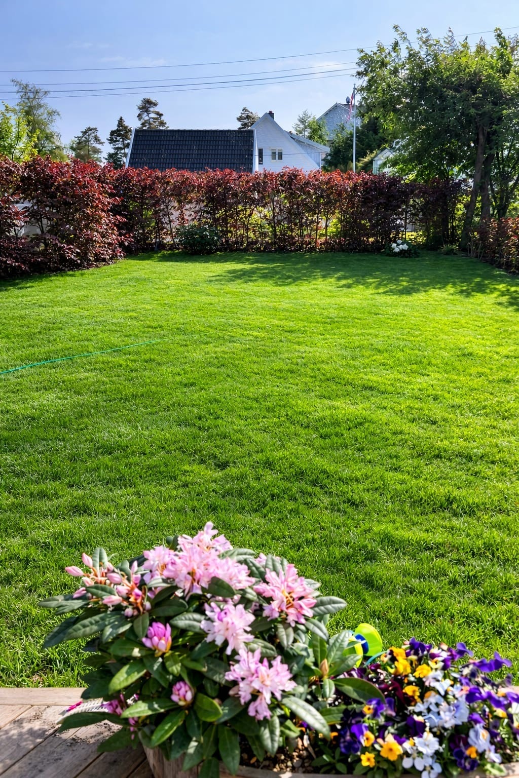 Sommerbilde av hagen - en grønn og helt usjenert oase med god plass til både lek og avslapning. Galleribilde