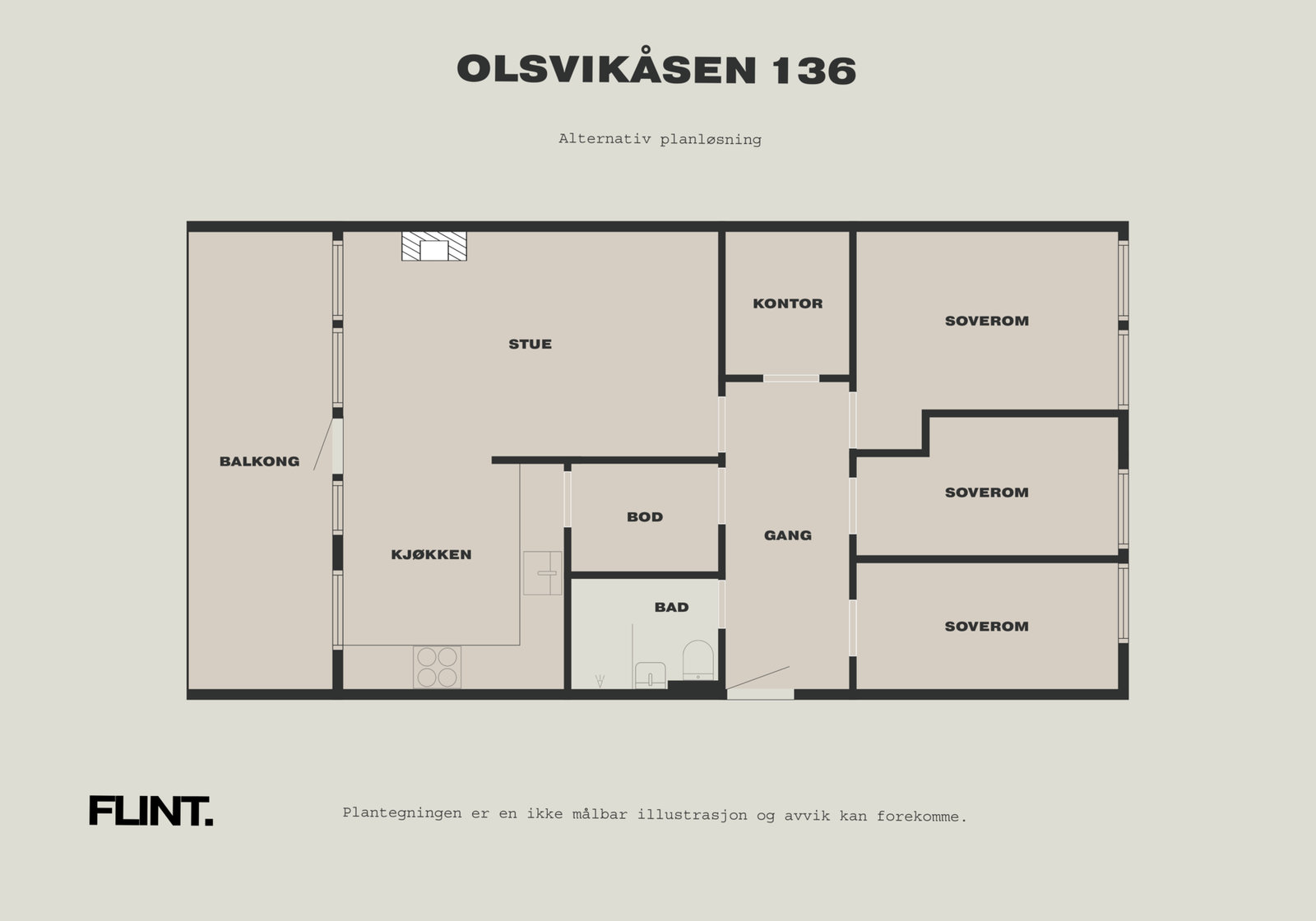 Alternativ planløsning. Dette er kun ment som en mulig endring og megler har ikke gjort videre undersøkelser om tiltak/praktisk gjennomføring. Galleribilde