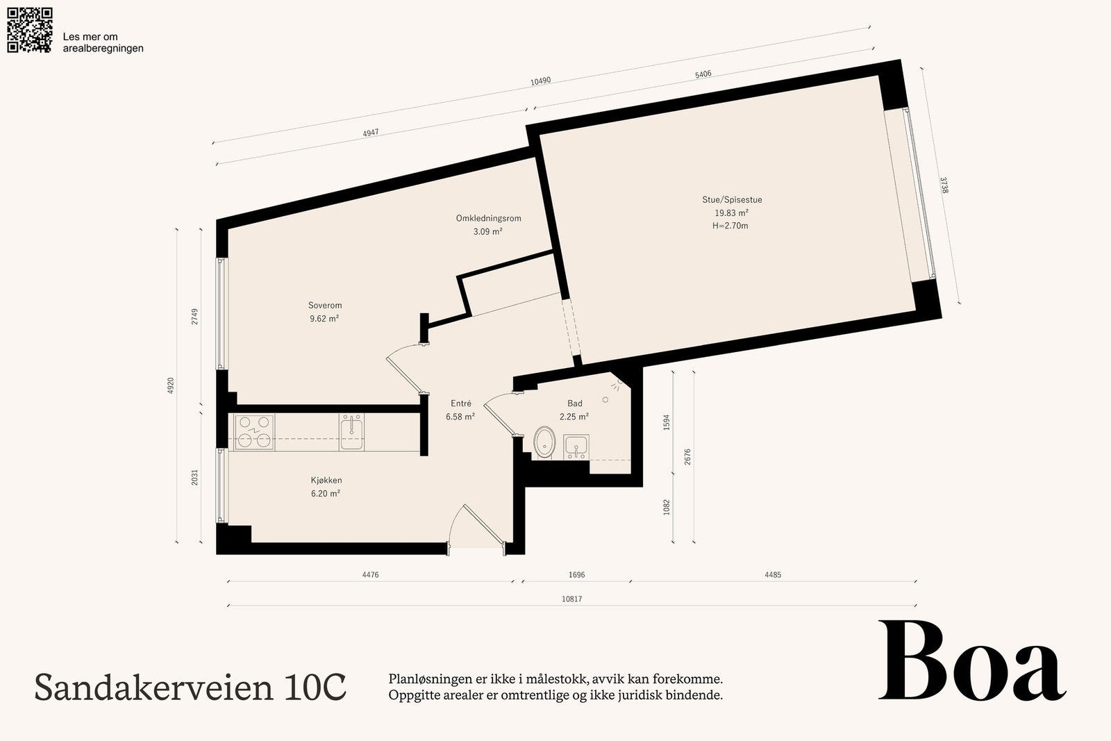 Leiligheten ligger i 2. etasje (H0201) og består av følgende rom:
Entré, bad, kjøkken, stue og soverom med garderobe.
Leiligheten disponerer en bod i kjelleren på ca. 2 m² og loftsbod på 1 kvm. Galleribilde
