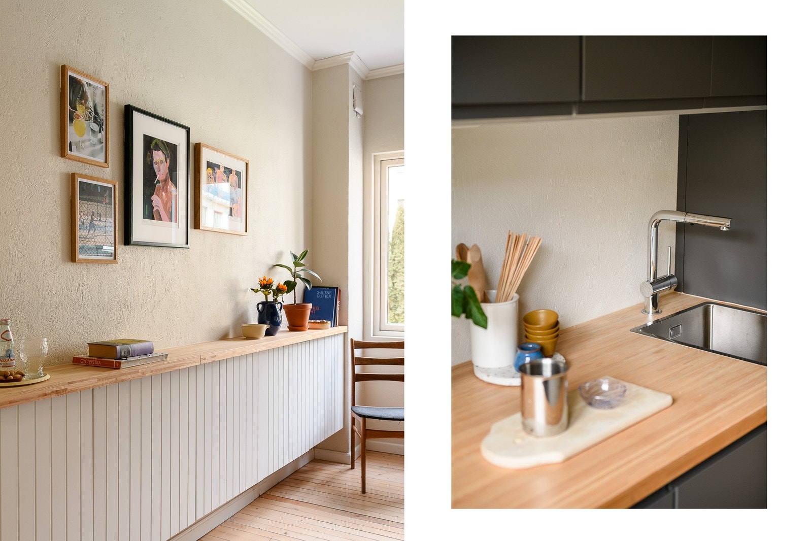 Den lange, plassbygde benken langs veggen gir både ekstra oppbevaring og en praktisk avlastningsflate. Galleribilde
