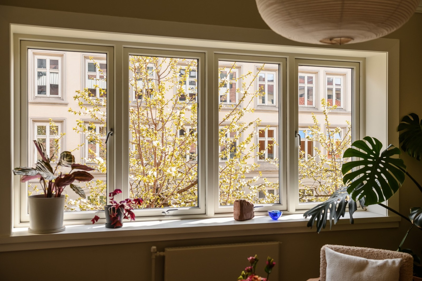 Utsyn fra stuevinduet mot frodige omgivelser og sjarmerende bygårder. Galleribilde