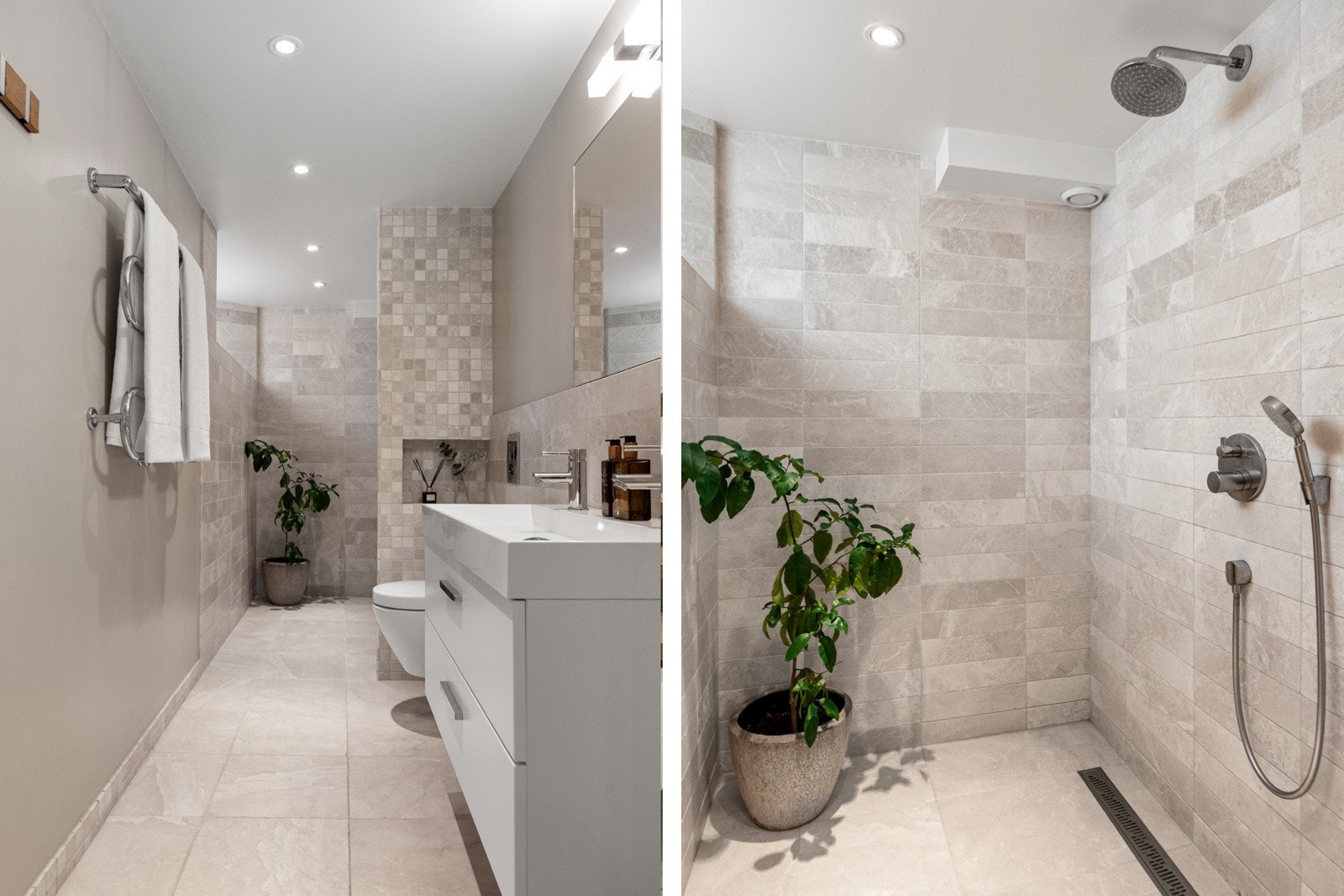 Badet har flislagt gulv og vegger, kombinert med malte plater på vegg og malt himling. Rommet er innredet med servant nedfelt i innredning, vegghengt toalett og dusjløsning med dusjvegger/hjørne. Galleribilde