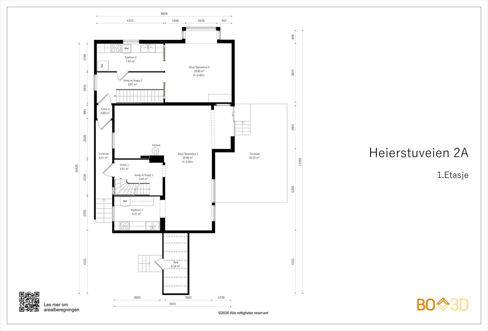 Planskisse 1.etasje:
Hoveddel: entré, kjøkken, spisestue og stue med utgang til markterrasse og hage.
Påbygget del: entré, kjøkken, stue/spisestue. Galleribilde