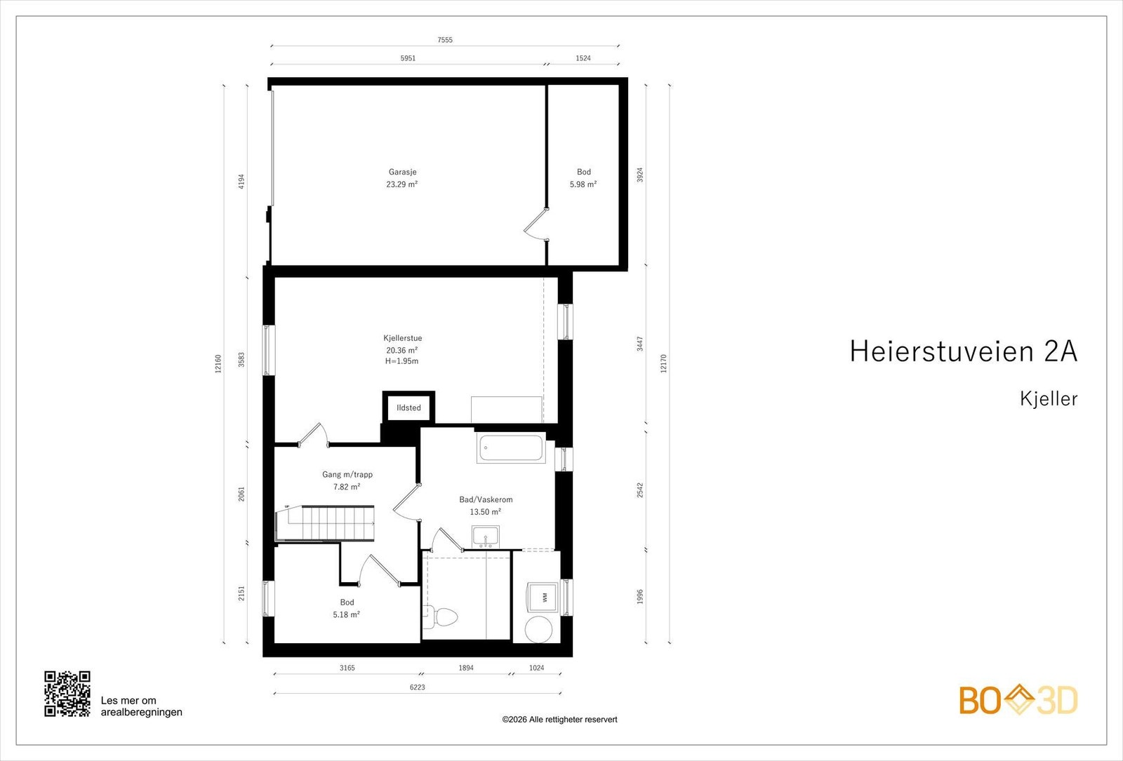 Planskisse kjelleretasje:
Hoveddel: trappegang, bad/vaskerom, kjellerstue (ikke rom for opphold), bod.
Integrert garasje. Galleribilde