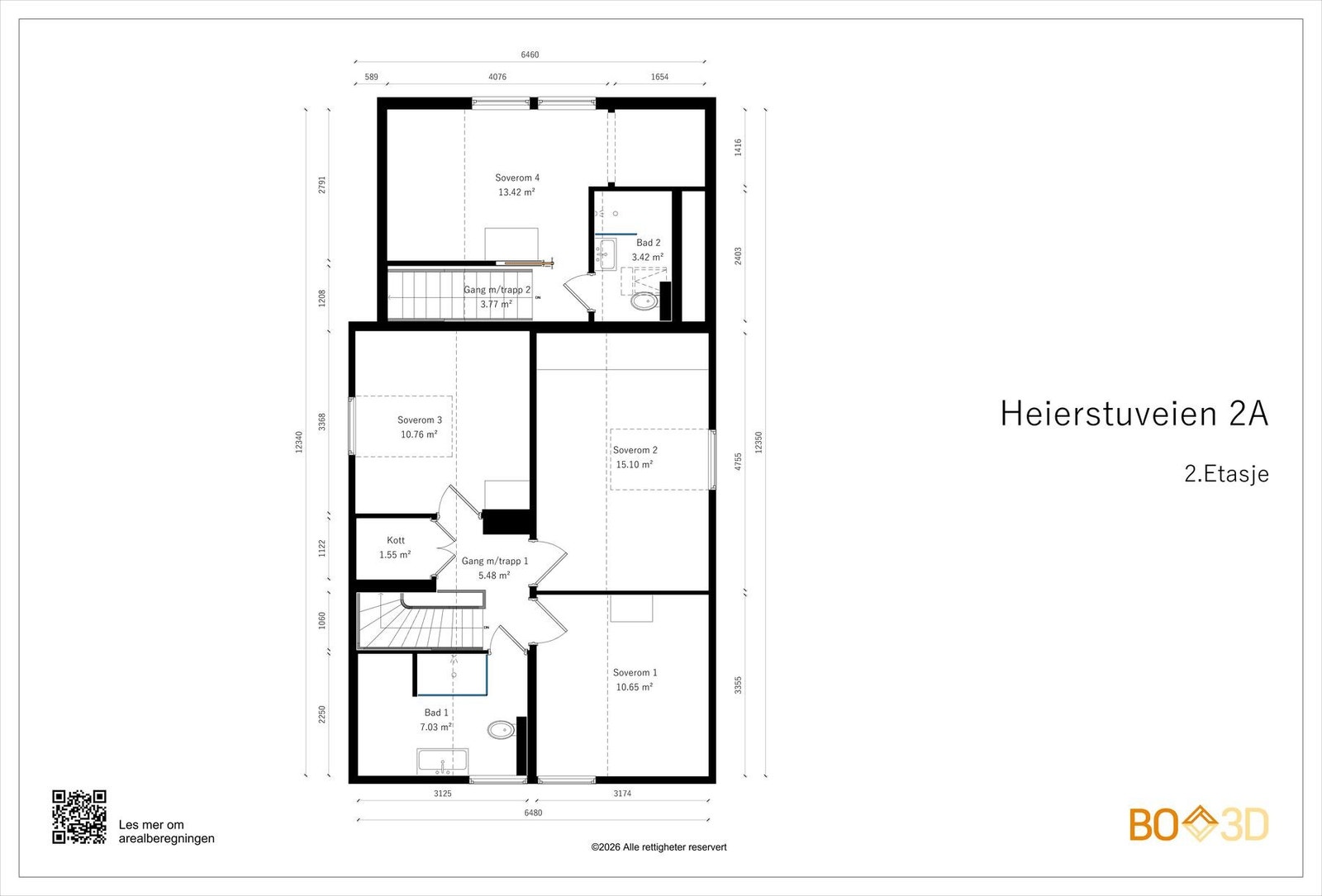 Planskisse 2.etasje:
Hoveddel: trappegang med kott, 3 soverom, bad.
Påbygget del: 2.etasje: soverom, bad Galleribilde