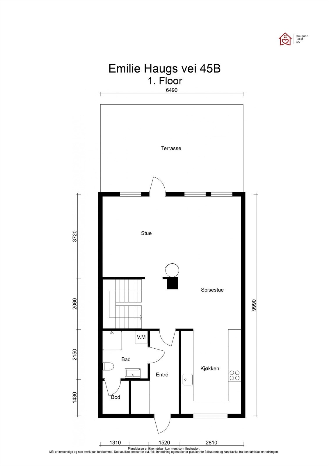 Første etasje har en sosial og åpen planløsning med stue, spisestue og kjøkken. Herfra er det direkte utgang til den store markterrassen. Galleribilde