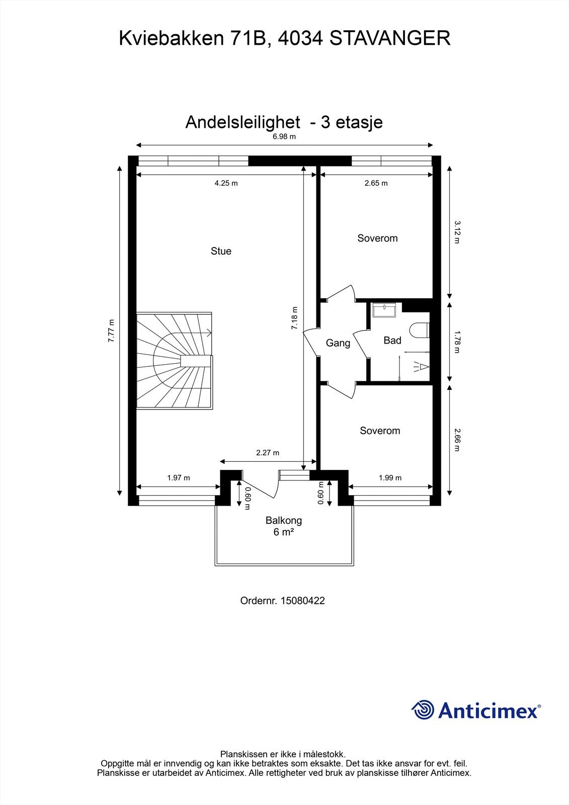 Andre plan består av en romslig stue, to soverom og et bad, med utgang til balkong. Galleribilde