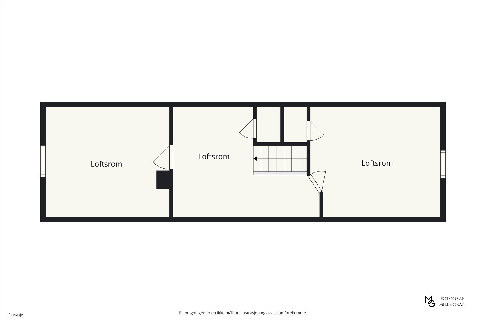 Loftsetasjen består av tre innredede loftsrom. Disse rommene er ikke godkjent for varig opphold. Galleribilde