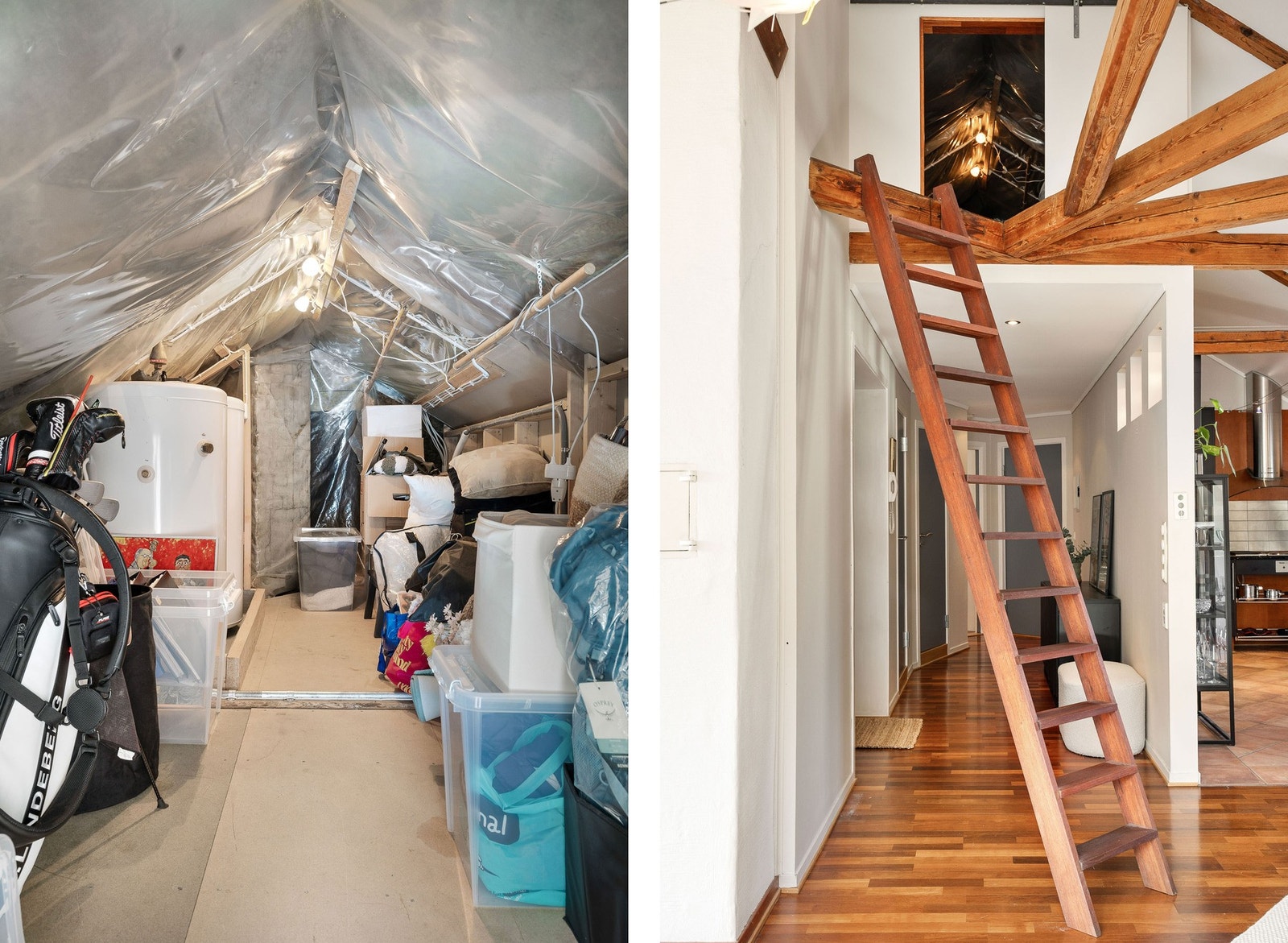 Loft med adkomst via stige fra gangen/stue, som gir ekstra lagringsplass i leiligheten. Galleribilde