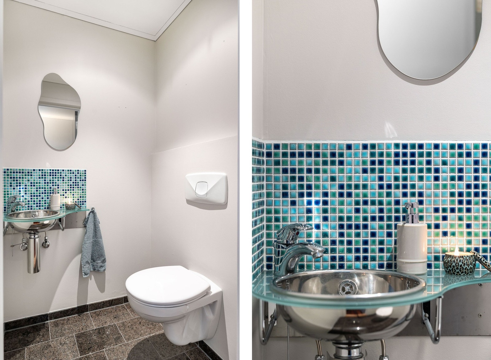 Gjestetoalett med vegghengt toalett og servant med moderne mosaikkfliser. Galleribilde