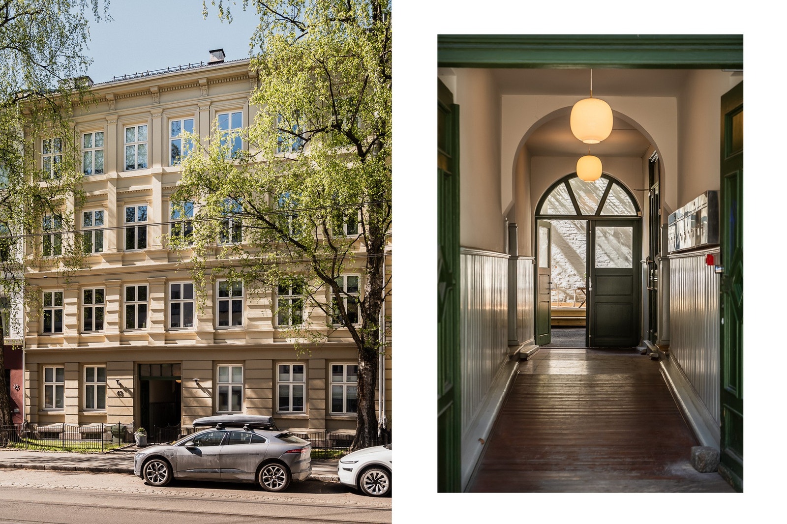 En klassisk og velholdt bygård med en representativ inngang. Galleribilde