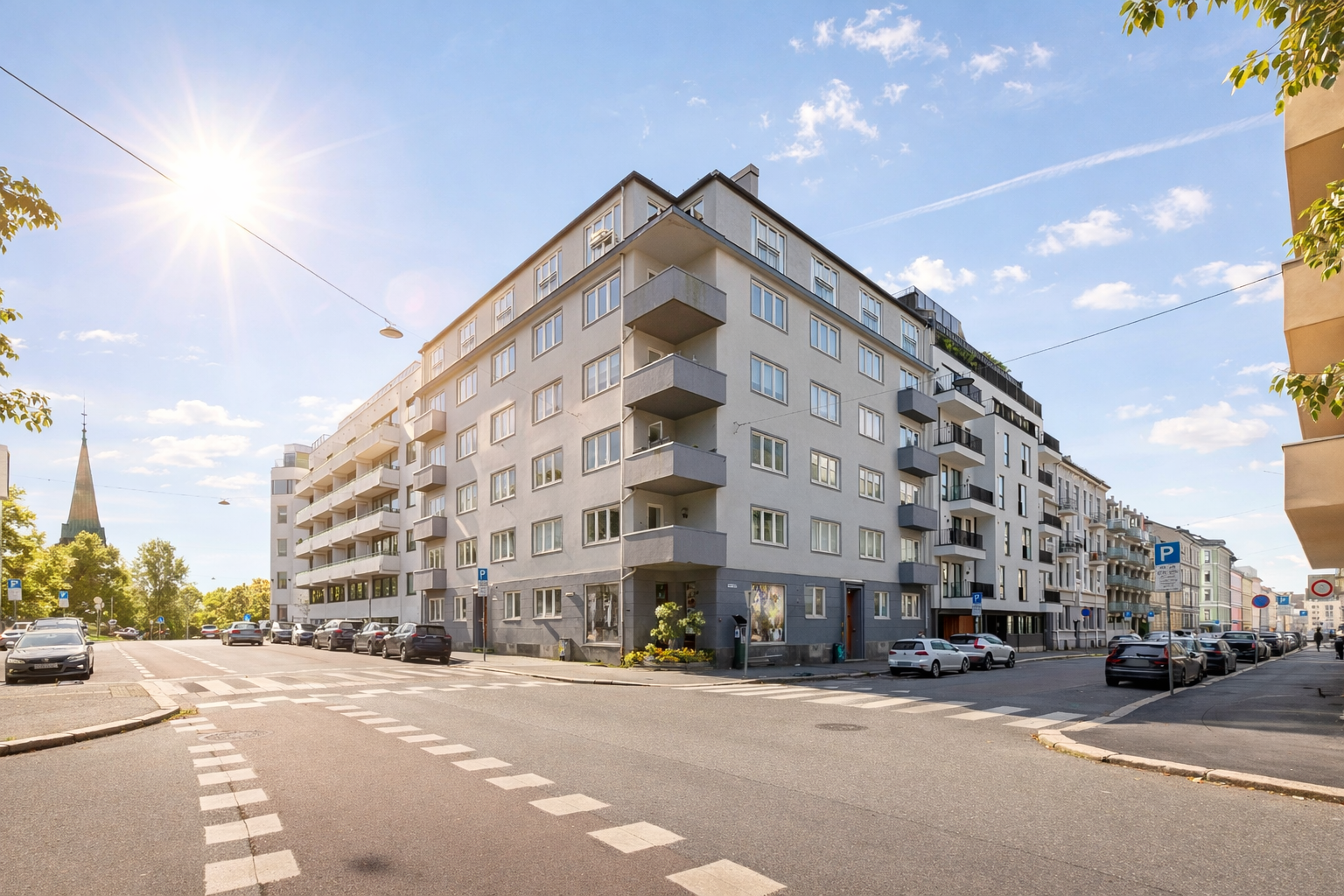 Det er gangavstand på under 5 minutter til både Bislett og Bogstadveien. AI generert sommerbilde. Galleribilde