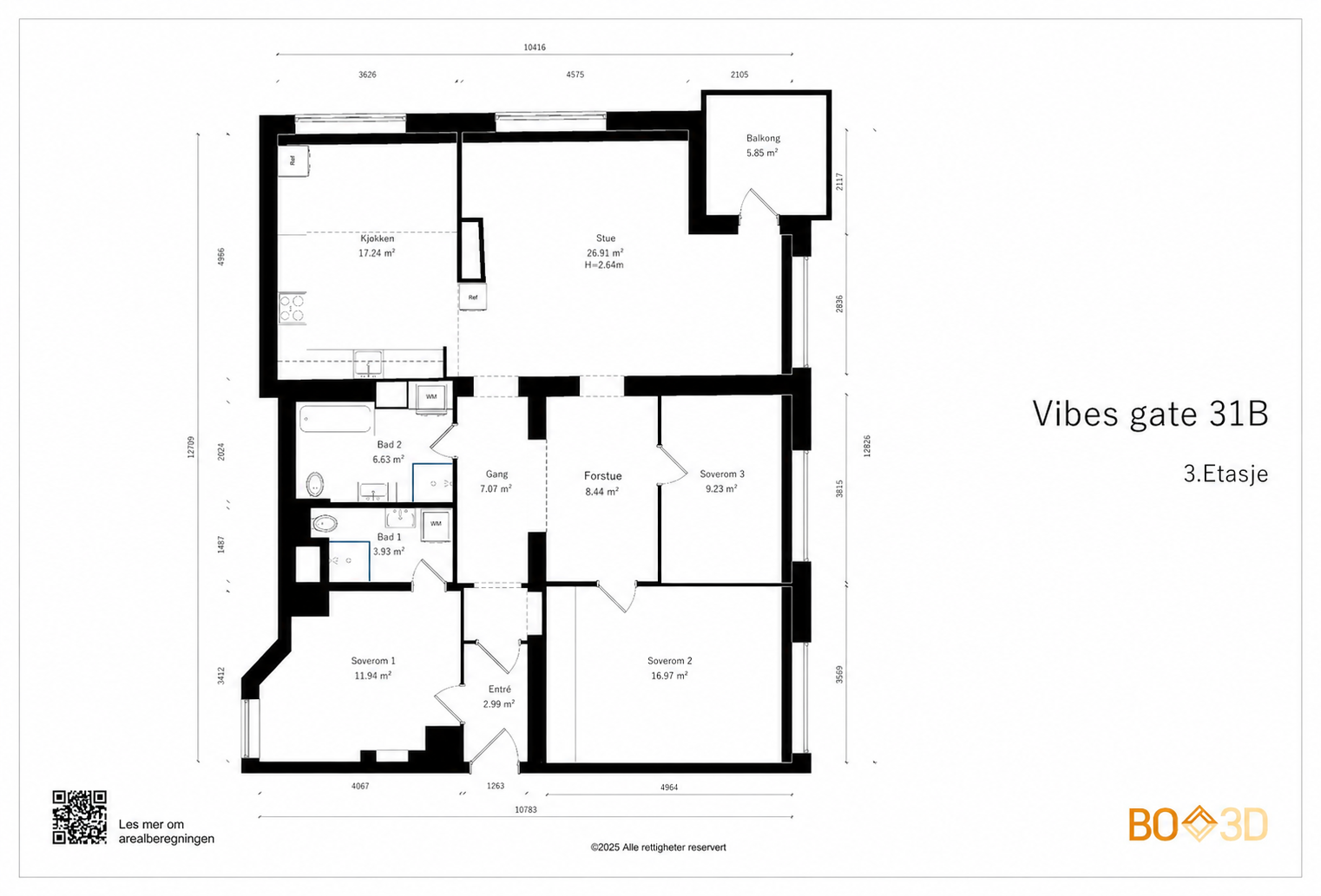 3.etg inneholder: entré, 3 soverom, 2 bad, garderobe, kjøkken med spiseplass og stue med utgang balkong. Galleribilde