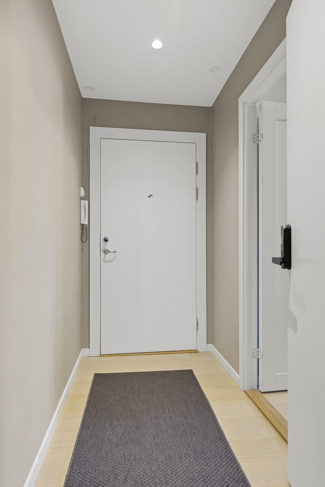 Entré/gang . Det er satt inn ytterdør med kodelås for eventuelt å avskille fra hybeldel. Galleribilde