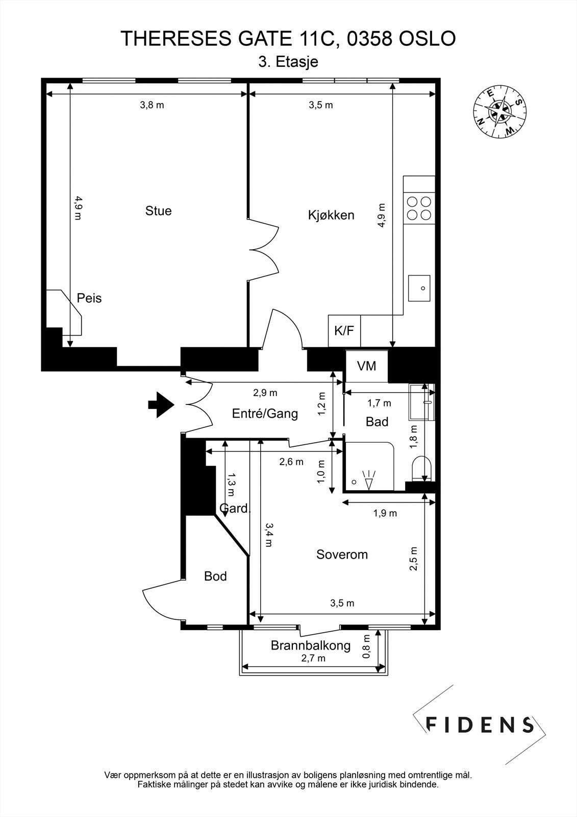 Planløsning. Leiligheten disponerer tre eksterne boder - én i samme oppgang (se plantegningen), én på loft og én i kjeller. Galleribilde