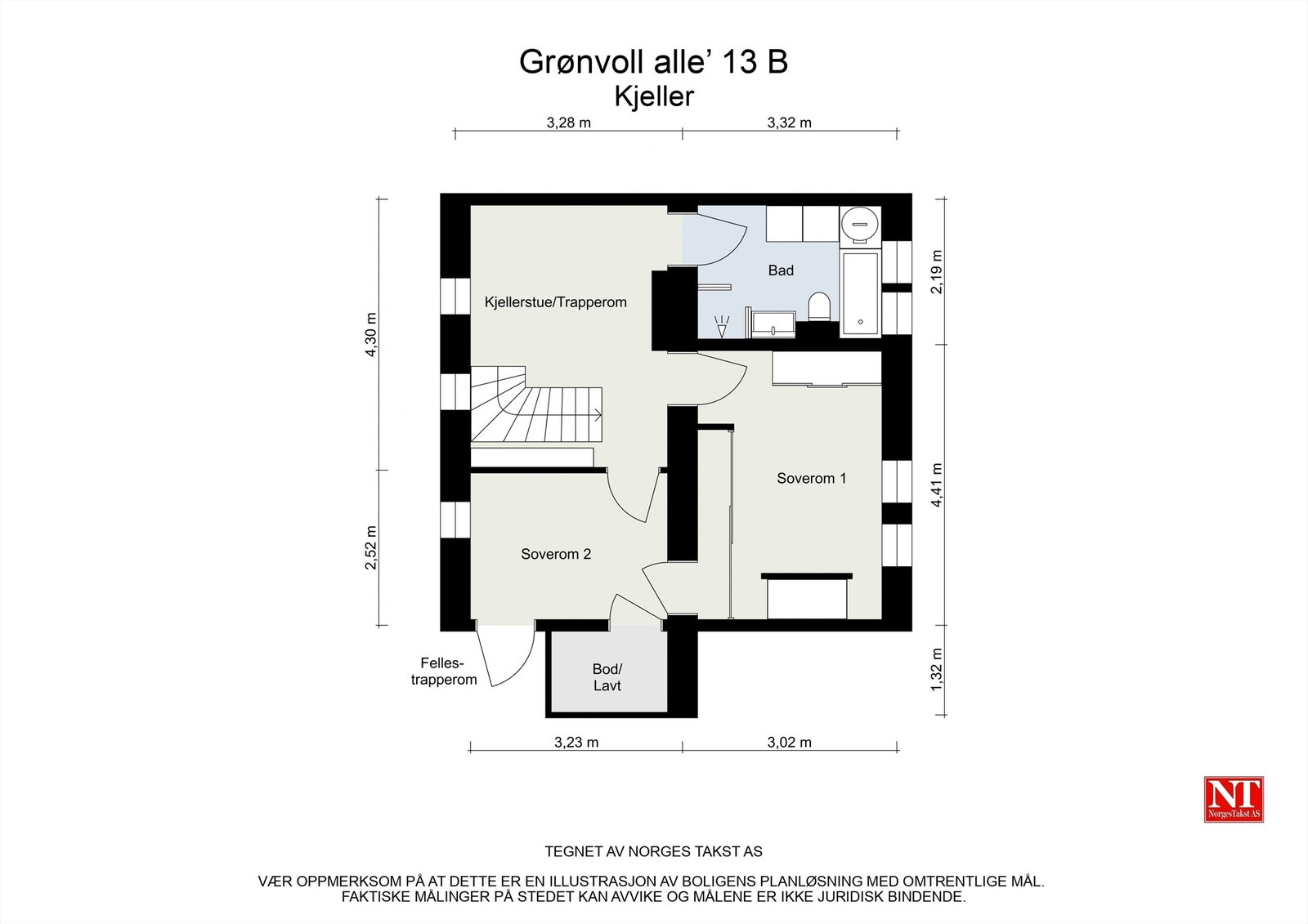 Planløsning av kjelleretasjen. Det gjøres oppmerksom på at rommene i kjelleren ikke er godkjent for varig opphold. Galleribilde
