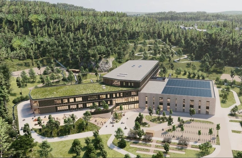 Ilustrasjon av nye Sætre barne- ungdomsskole, samt idrettshall. Stipulert ferdig i 2028. Galleribilde