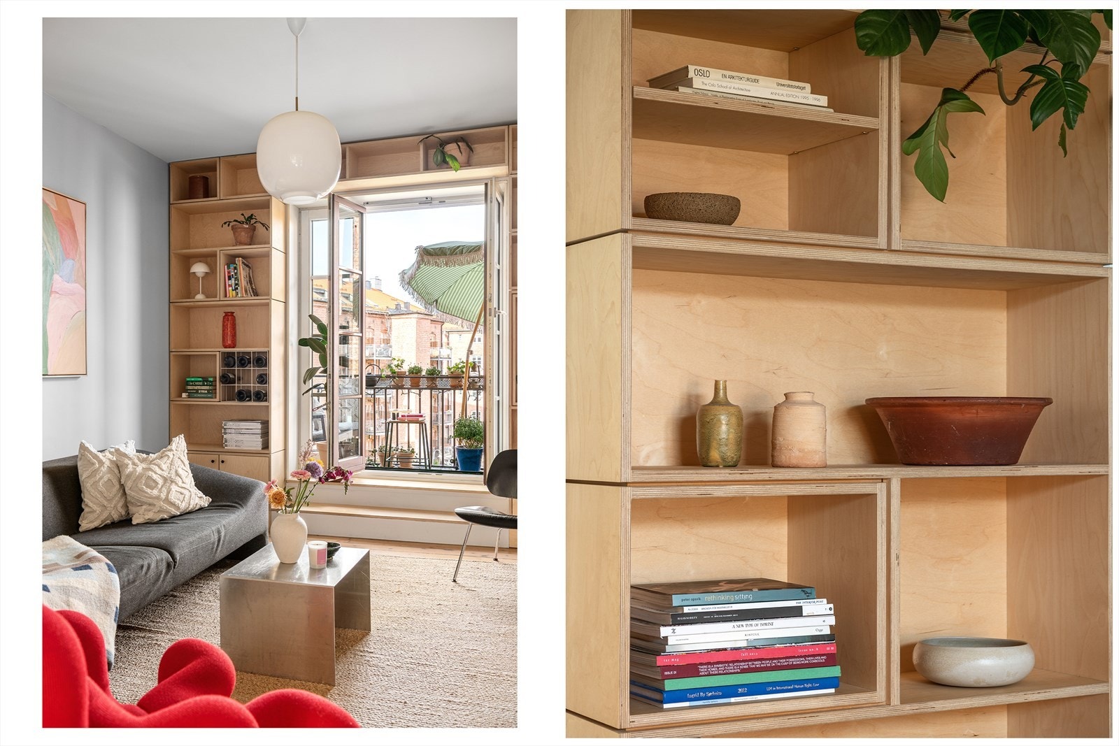 Solide møbelsnekrede hyller i finér, et møbel som står i tiår, fyller begge endeveggene. Fylt med utvalgte interiørdetaljer, planter og bøker blir dette visuelt vakkert å hvile øynene på. Galleribilde