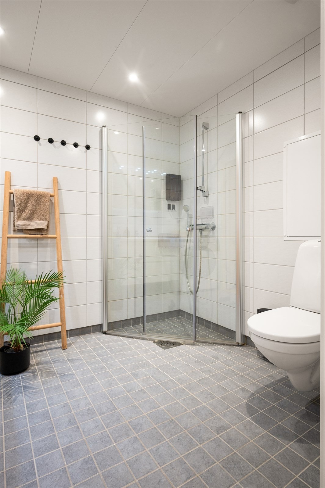 Badet er utstyrt med vegghengt toalett og dusjhjørne med innfellbare glassdører i herdet glass Galleribilde
