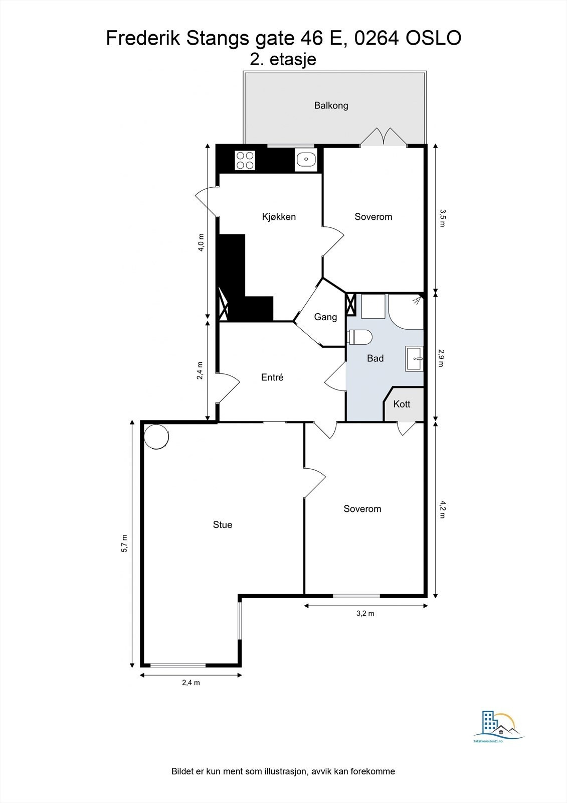 Planløsning. Leiligheten disponerer en bod i kjelleren på ca. 5,3 m² og en bod på loftet med et gulvareal på 3 m². Galleribilde