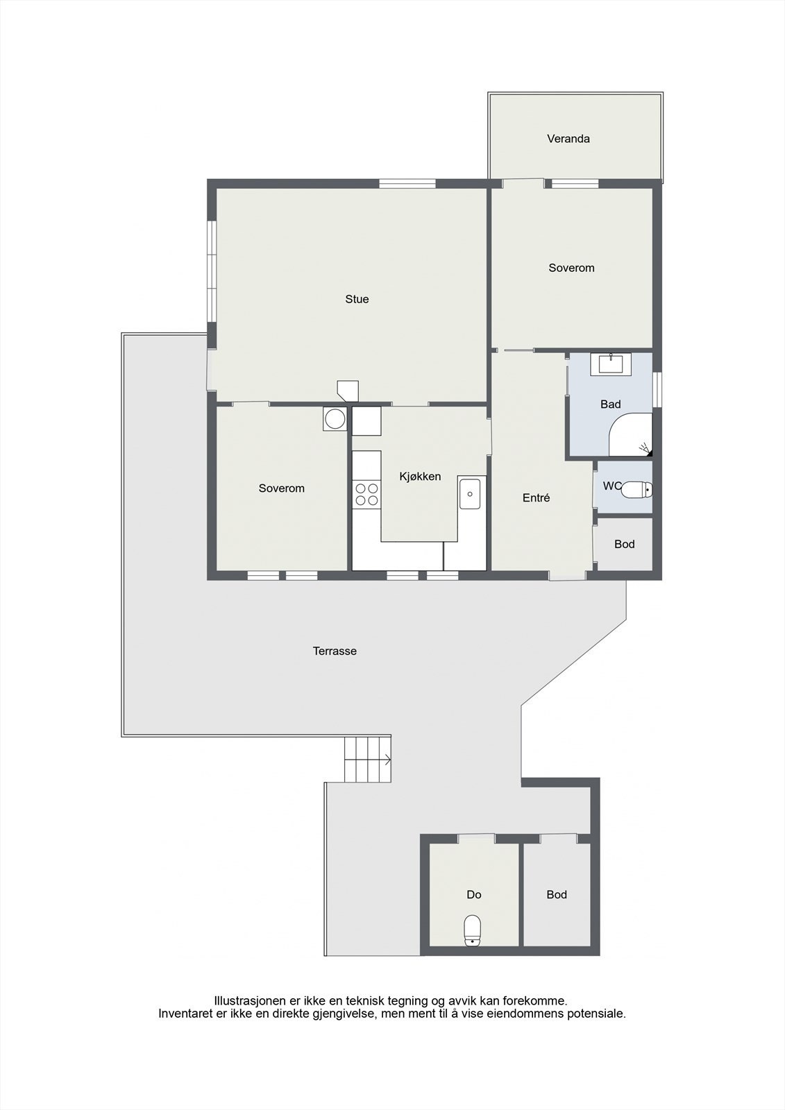 Hovedetasjen har en praktisk planløsning med to soverom, stue, kjøkken og et moderne bad fra tilbygget i 2013. Galleribilde
