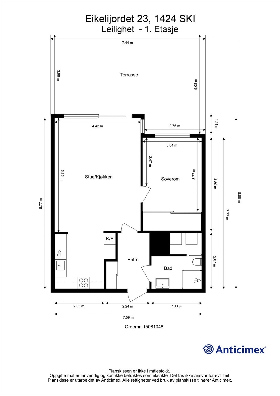 Leiligheten har en arealeffektiv planløsning på 64 m² med åpen stue- og kjøkkenløsning, ett soverom og bad. Galleribilde