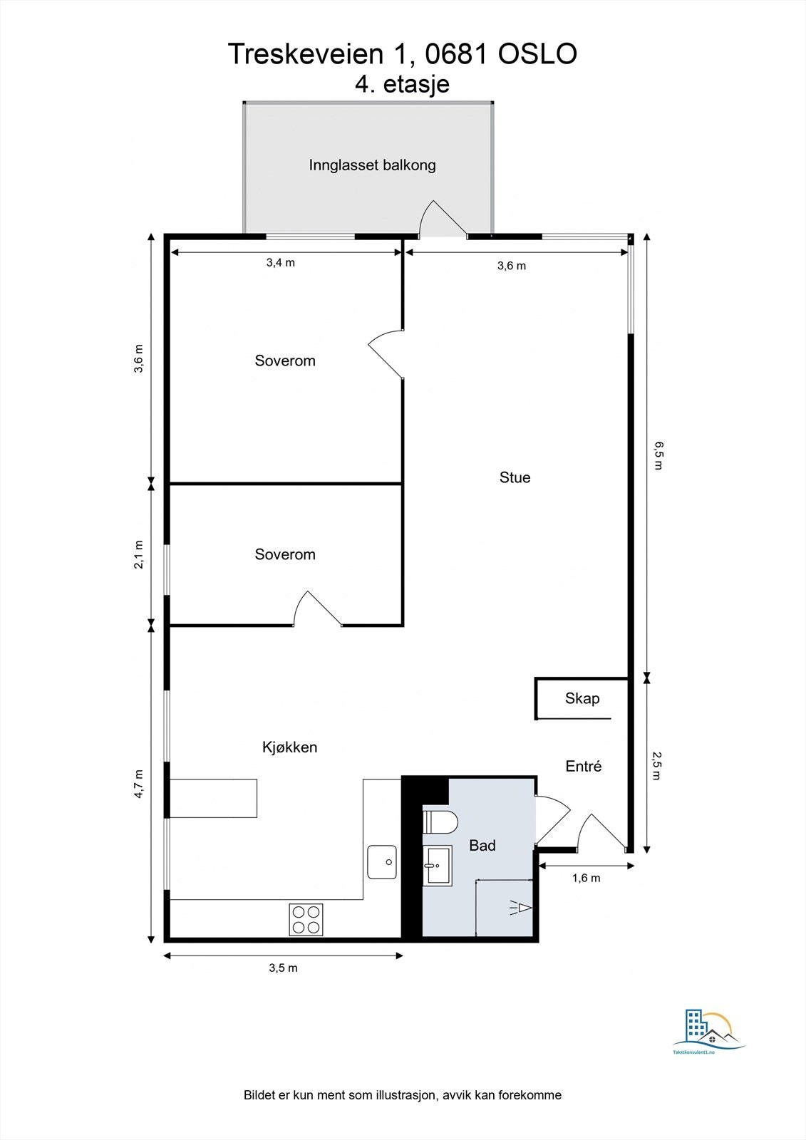 Plantegning. Leiligheten disponerer også en loftsbod på ca. 6 m² og 2 stk. kjellerboder på henholdsvis ca. 2,6 m² og ca. 3,6 m². Galleribilde