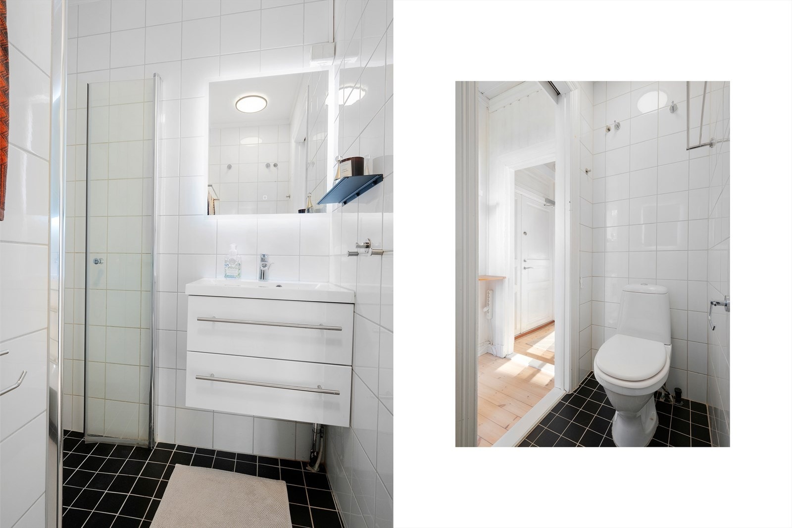 Stilrent baderom med flislagte overflater. Badet ble i 2023 oppgradert med ny servant, dusjdører og dusjhode. Galleribilde