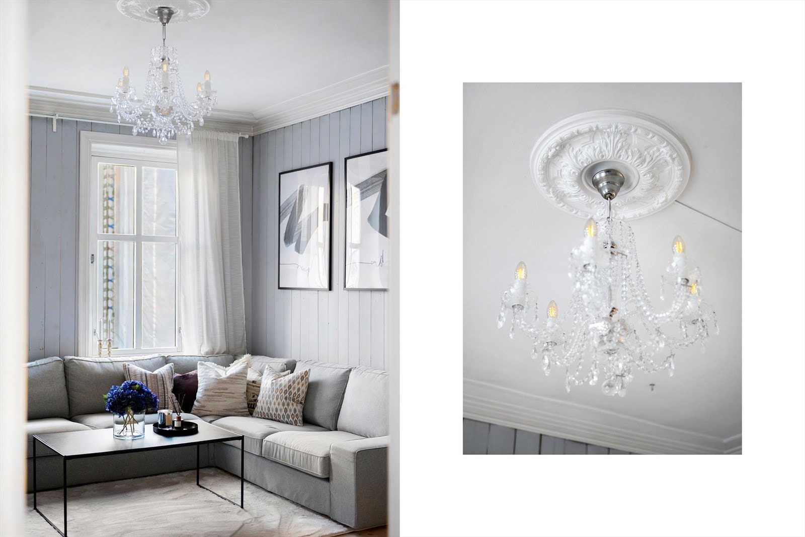 Klassiske detaljer som brede listverk, takrosett og originale tregulv gir rommet karakter og tidløs eleganse. Galleribilde