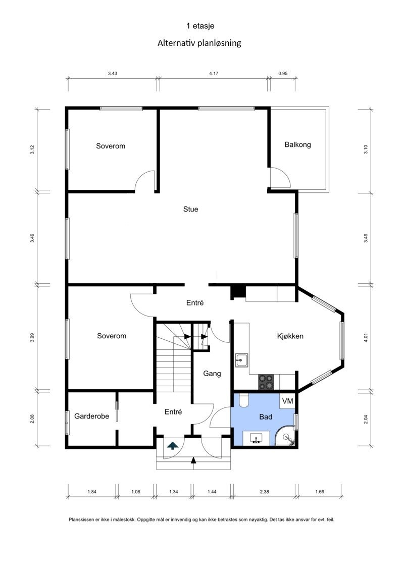 Alternativ plantegning - 1. etasje. Soverommene i midten av tegningen er satt opp i forbindelse med utleie. Det er brukt et system som muliggjør fjerning av veggen uten varige inngrep i konstruksjonen, slik at det enkelt kan tilbakeføres. Galleribilde