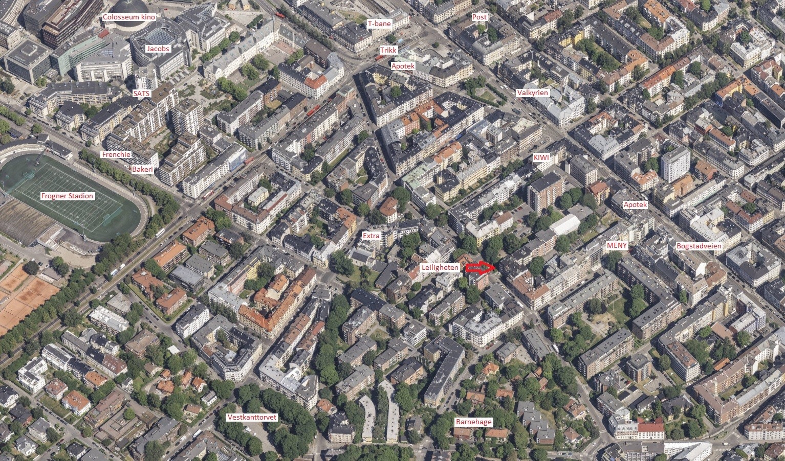 Oversikt over nærområdet. Svært sentral, men likevel tilbaketrukket beliggenhet på Majorstuen. Galleribilde