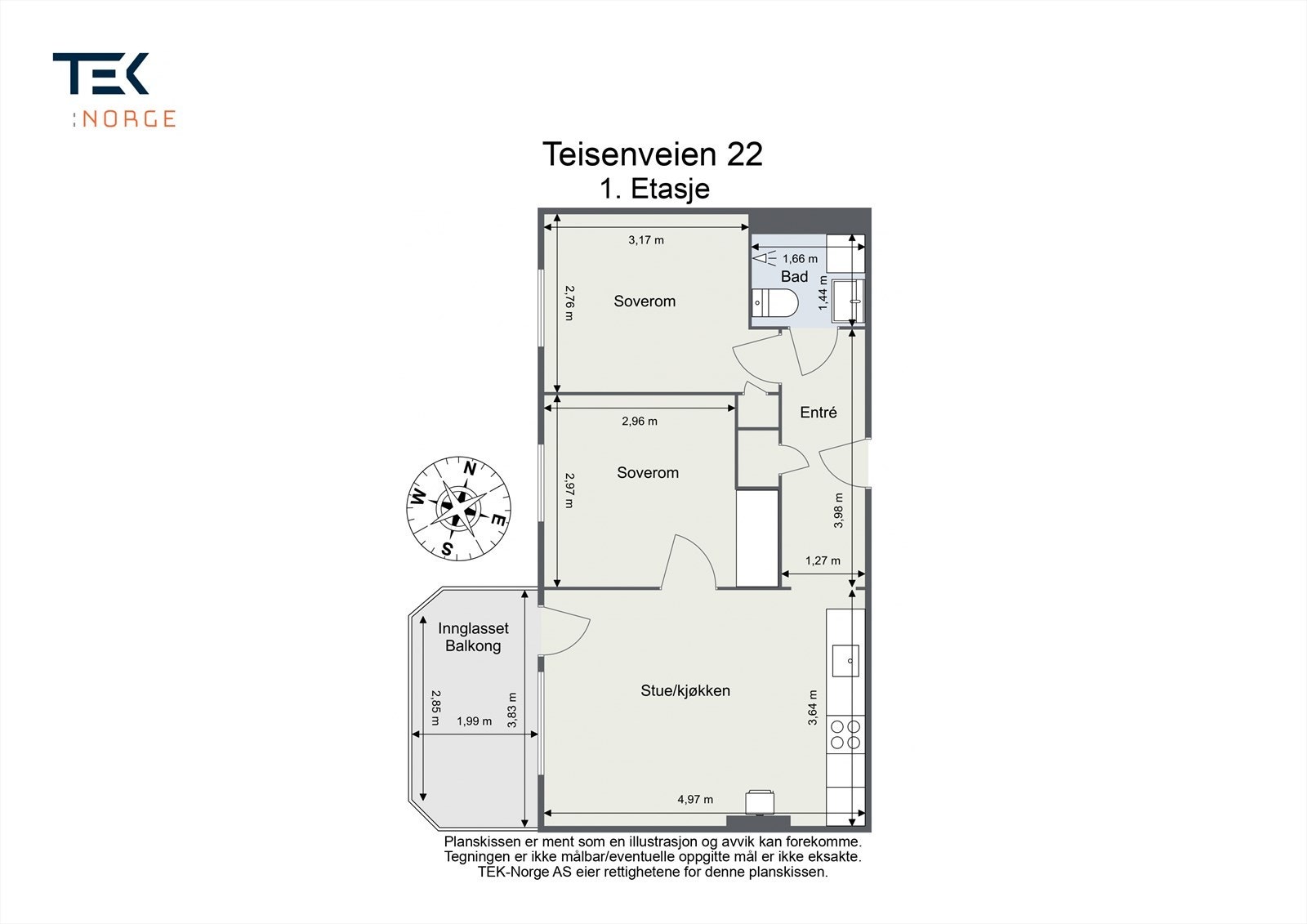 Familievennlig planløsning med to soverom og åpen stue/kjøkkenløsning. Leiligheten disponerer 3 boder. Galleribilde