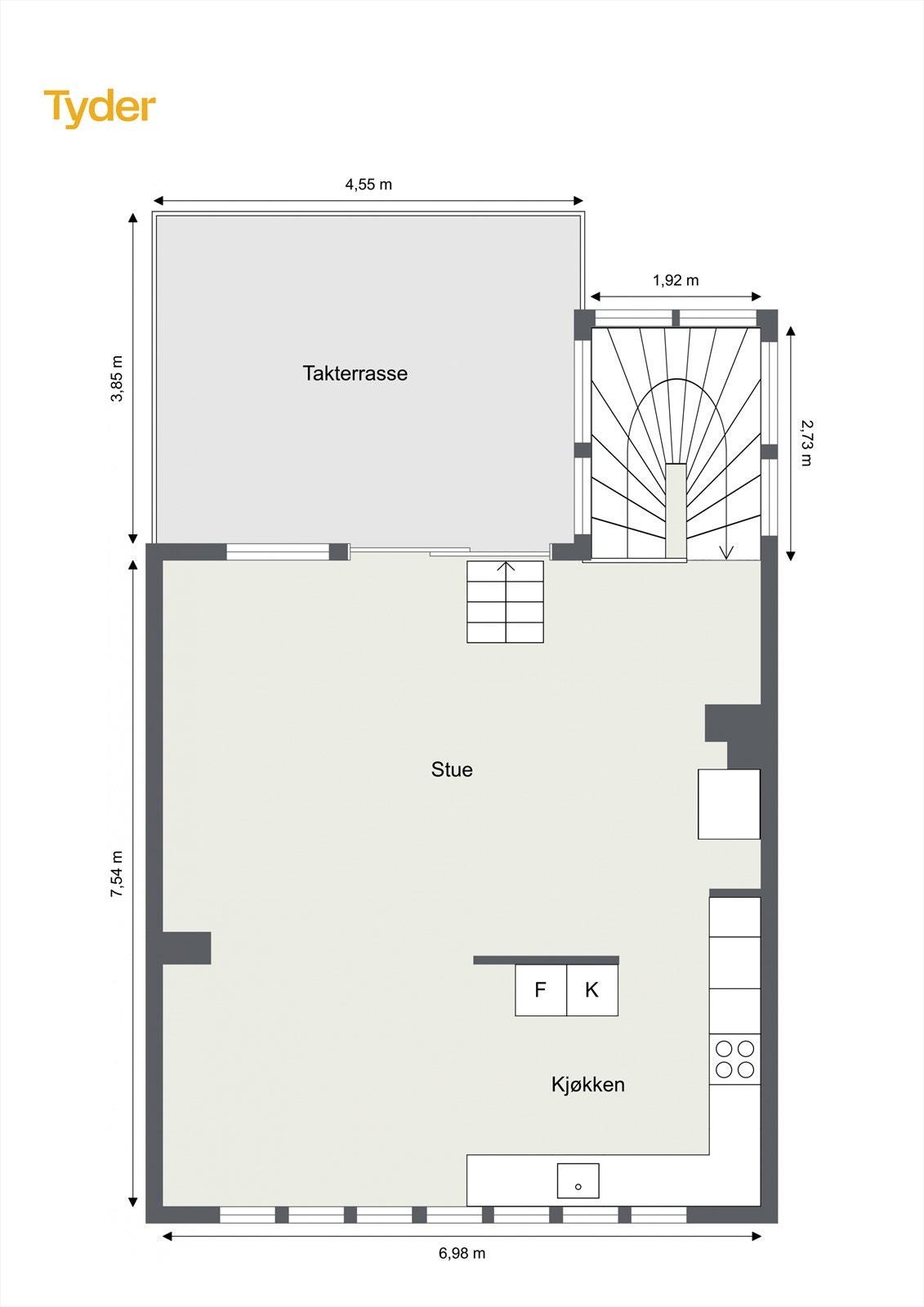 Plantegning over 2. etg. som inneholder: Stue, kjøkken og takterrasse. Galleribilde