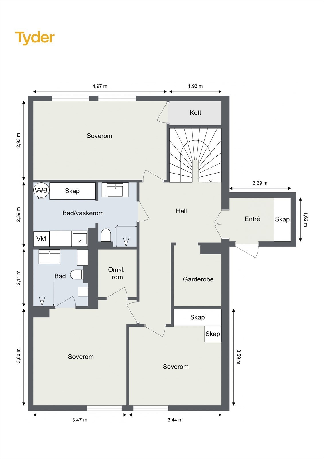 Plantegning over 1. etg. som inneholder: Entré, hall, garderobe, 3 soverom, 2 bad og kott. Galleribilde