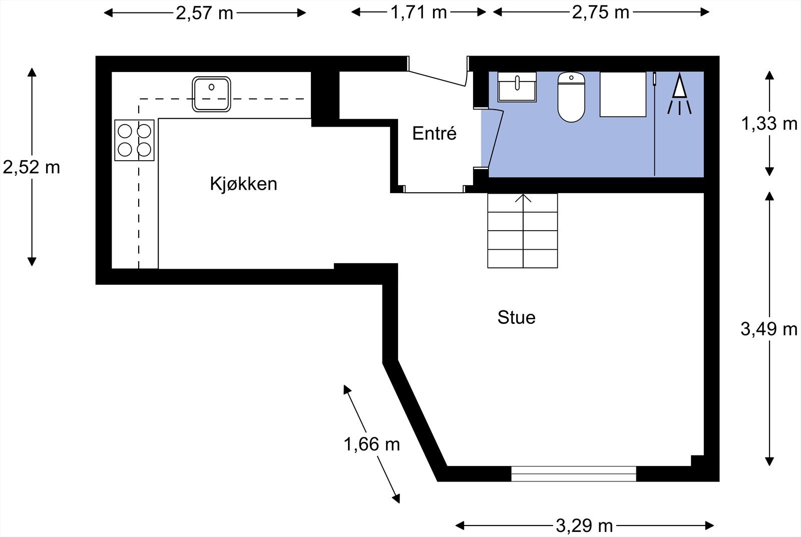 Leiligheten ligger i 3. etasje og inneholder entré, bad, kjøkken og stue med trapp opp til hems. I tillegg disponerer leiligheten kjellerbod. Galleribilde