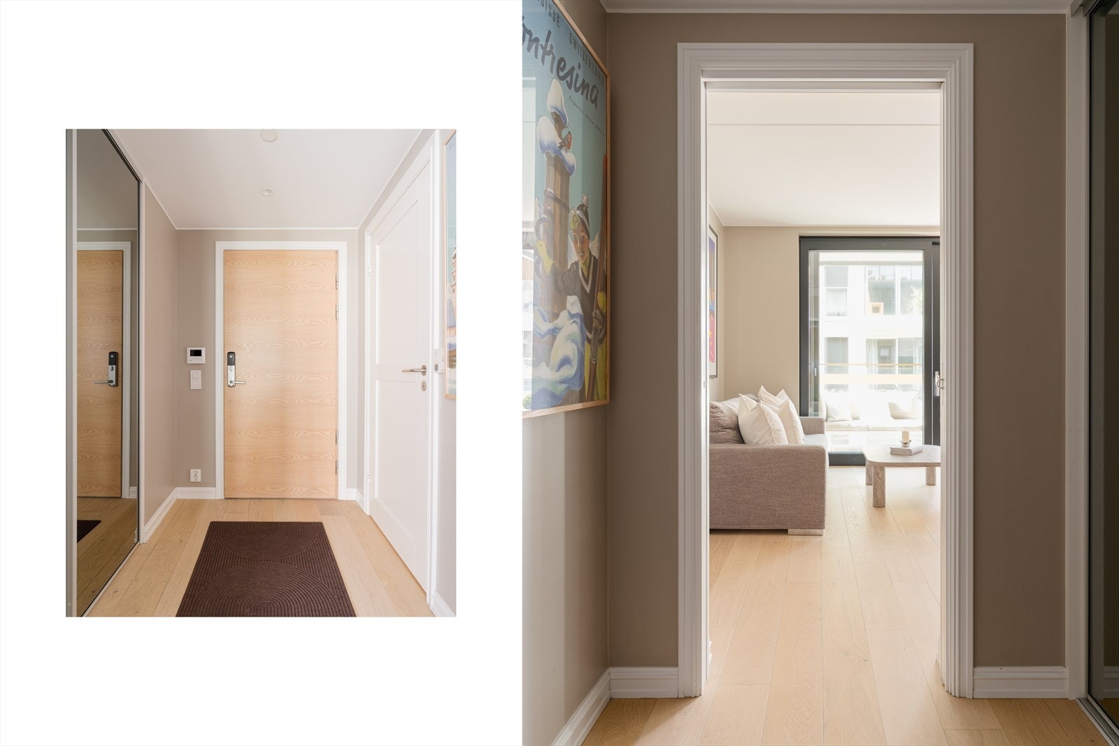 Innbydende og praktisk entré med skyvedørsgarderobe og skyvedør som skiller sonen fra resten av leiligheten. Galleribilde