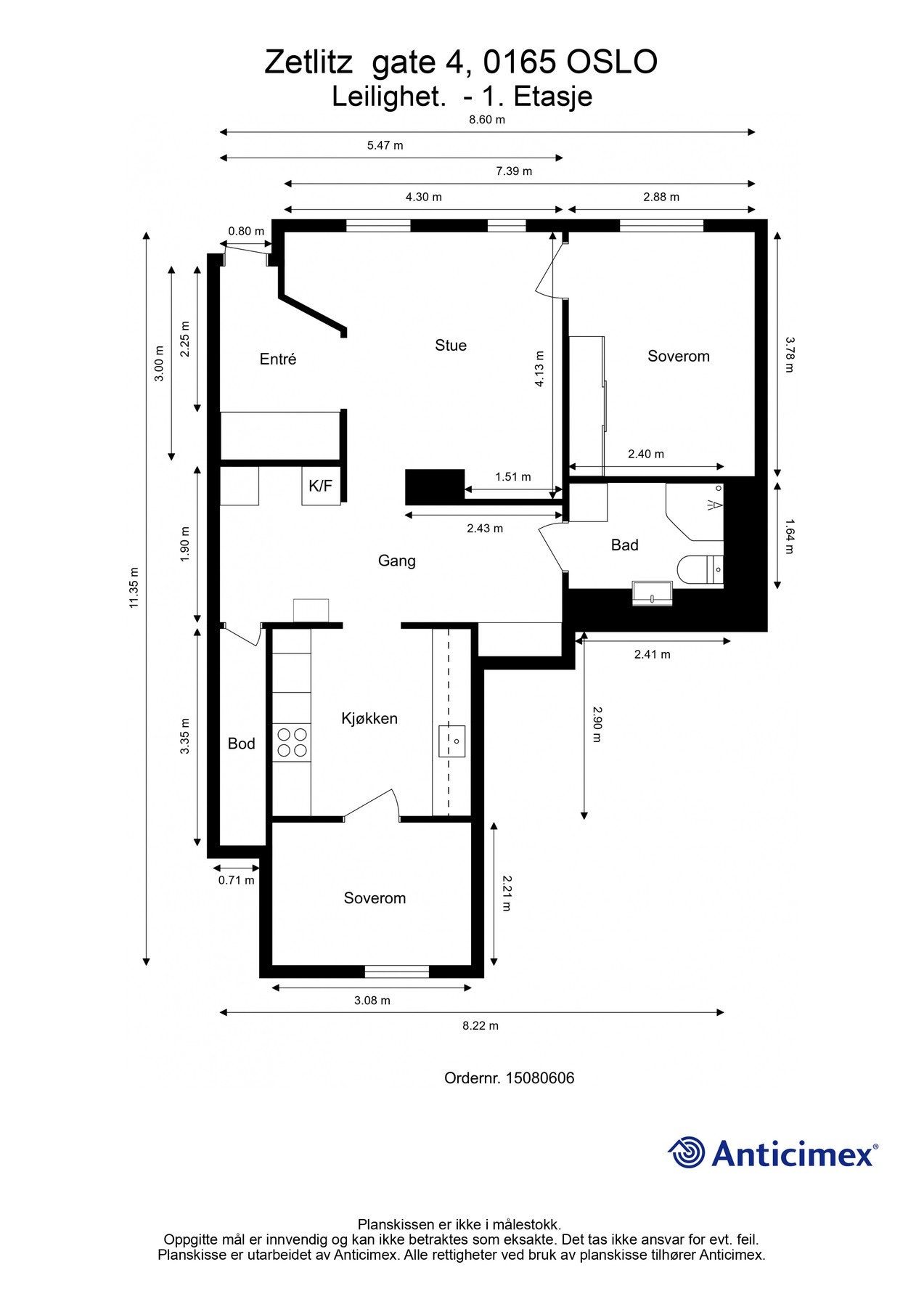 Vi starter med en titt på plantegning med mål, slik at du får orientert deg i boligen. Med leiligheten følger det også 2. stk. boder på totalt 11 kvm. Galleribilde