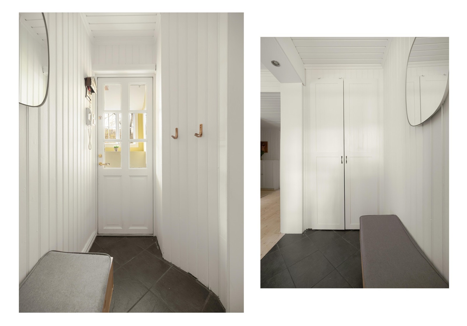 Entréen er flislagt og har en nydelig, klassisk ytterdør. Her er det også integrerte skap for å henge fra seg yttertøy og varmekabler i gulv. Galleribilde
