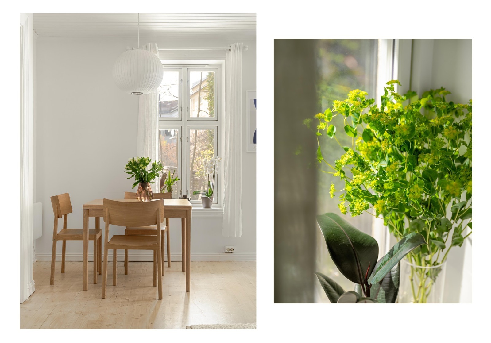 Spisebordet finner vi i det hyggelige hjørnet nærmest vindusrekken, slik at du ser ut til den fantastiske hagen. Galleribilde