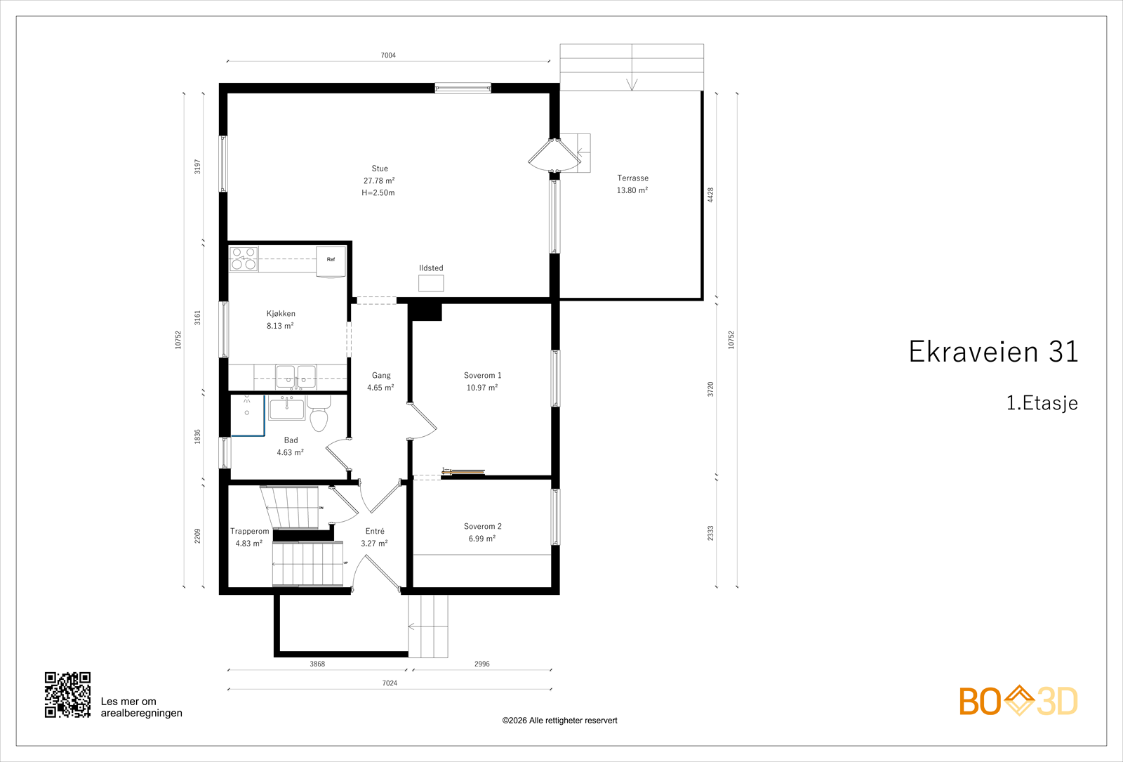 Planløsningen for 1. etasje omfatter entré, to soverom, bad, kjøkken og stue med utgang til terrasse. Galleribilde