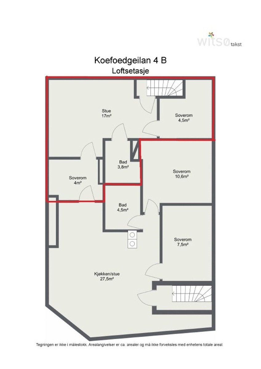 Plantegning, leiligheten er arealet som ikke er markert rødt Galleribilde