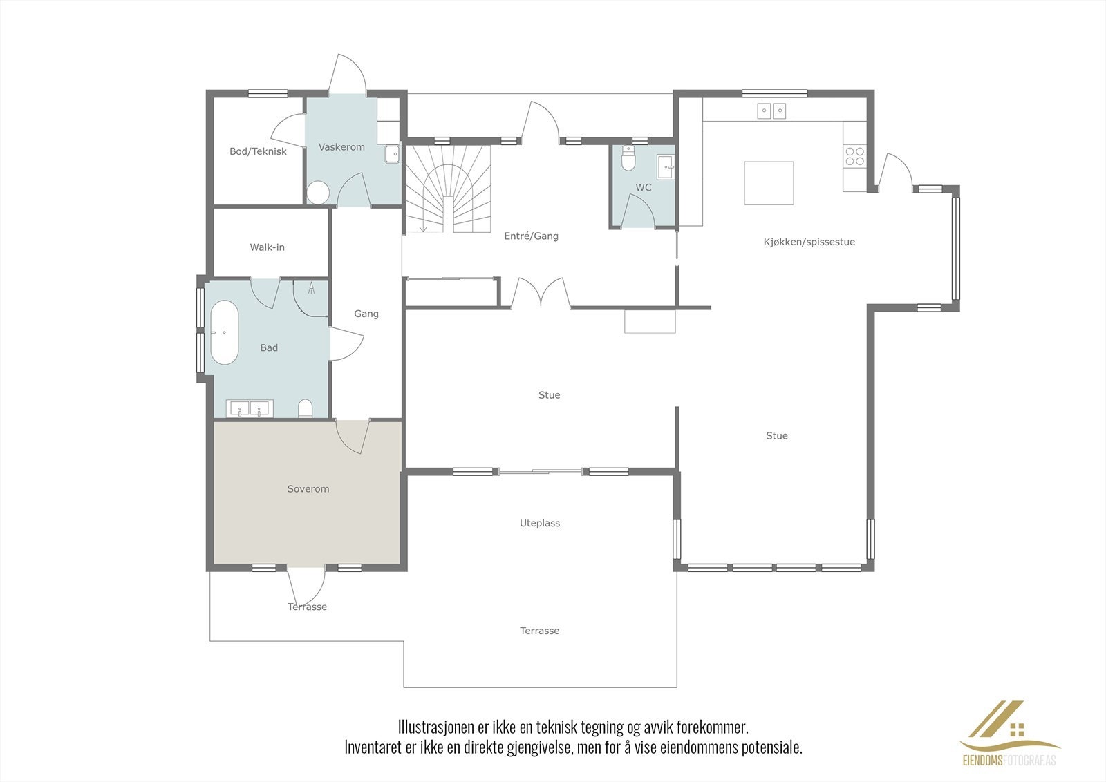 Første etasje har et bruksareal på 178 m² og inneholder en sosial sone med stue og kjøkken, i tillegg til bad, vaskerom og ett soverom. Galleribilde