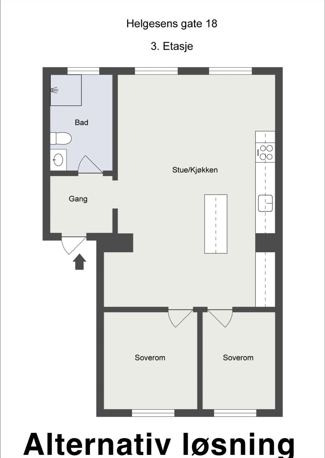 Alternativ planløsning kun til illustrasjon. Enkelte naboer har fått et ekstra soverom, bl.a ved å flytte kjøkken/vegg. Galleribilde