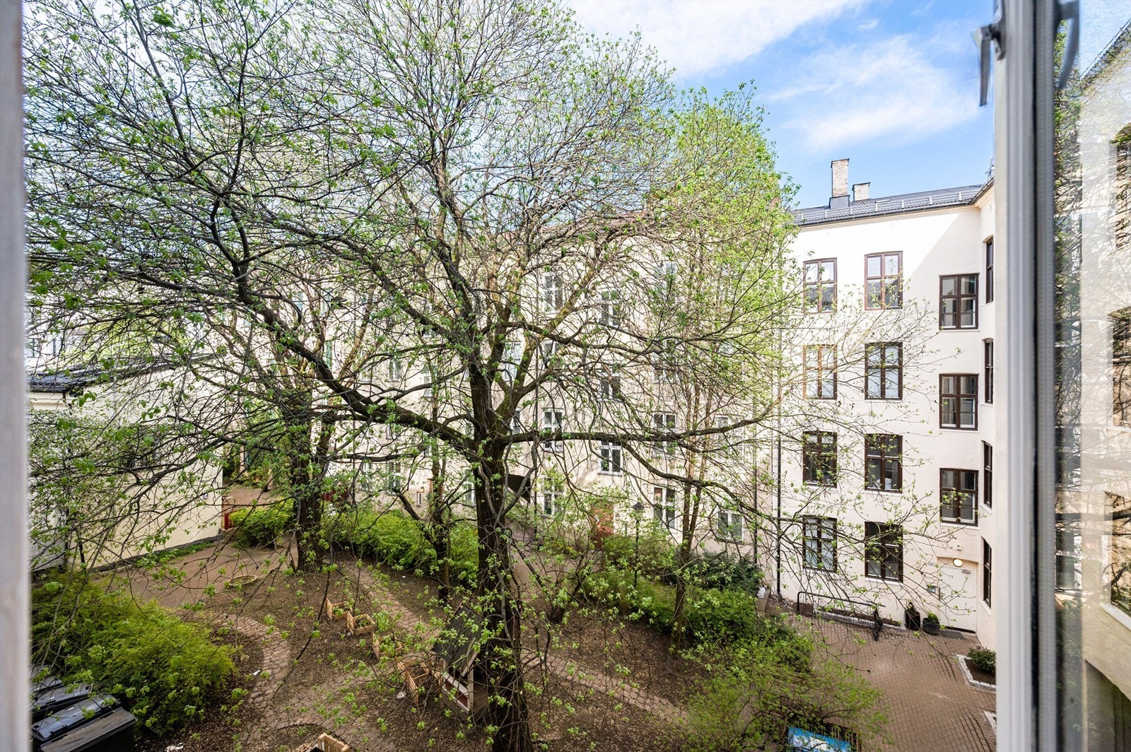 Her kan man våkne til morgensol og fuglekvitter. Rolig bakgård. Galleribilde