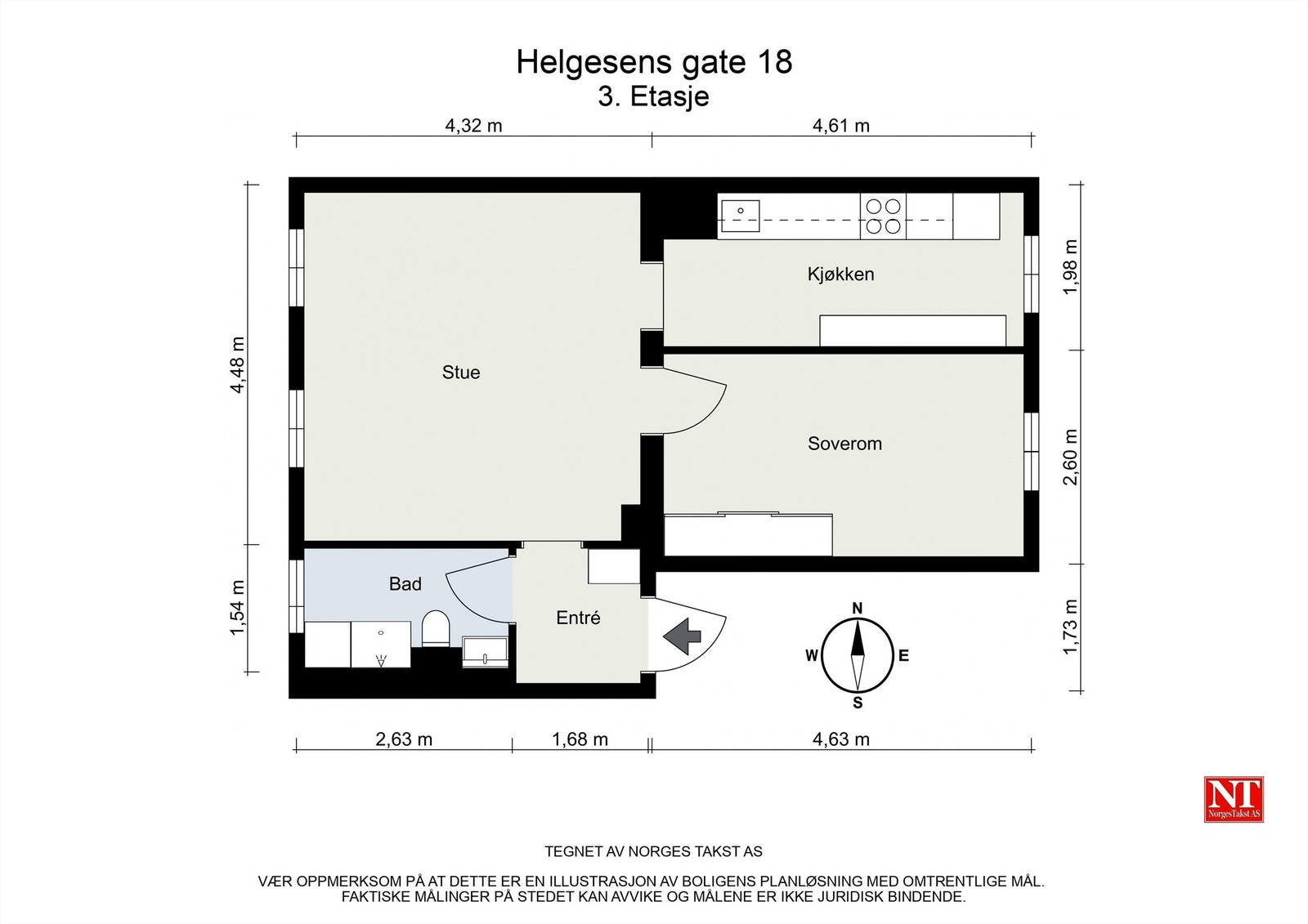 Plantegning. Stue og bad mot vest, og kjøkken og soverom mot øst og rolig bakgård. Galleribilde