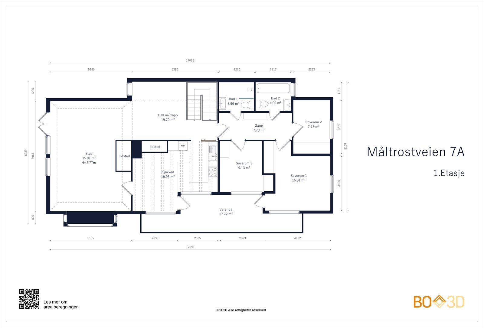 1. etasje (129 m² BRA-I): Trapperom/gang, stue, kjøkken, tre soverom og to baderom. Fra spisekjøkkenet og ett av soverommene er det adkomst til en veranda på ca. 18 m² Galleribilde