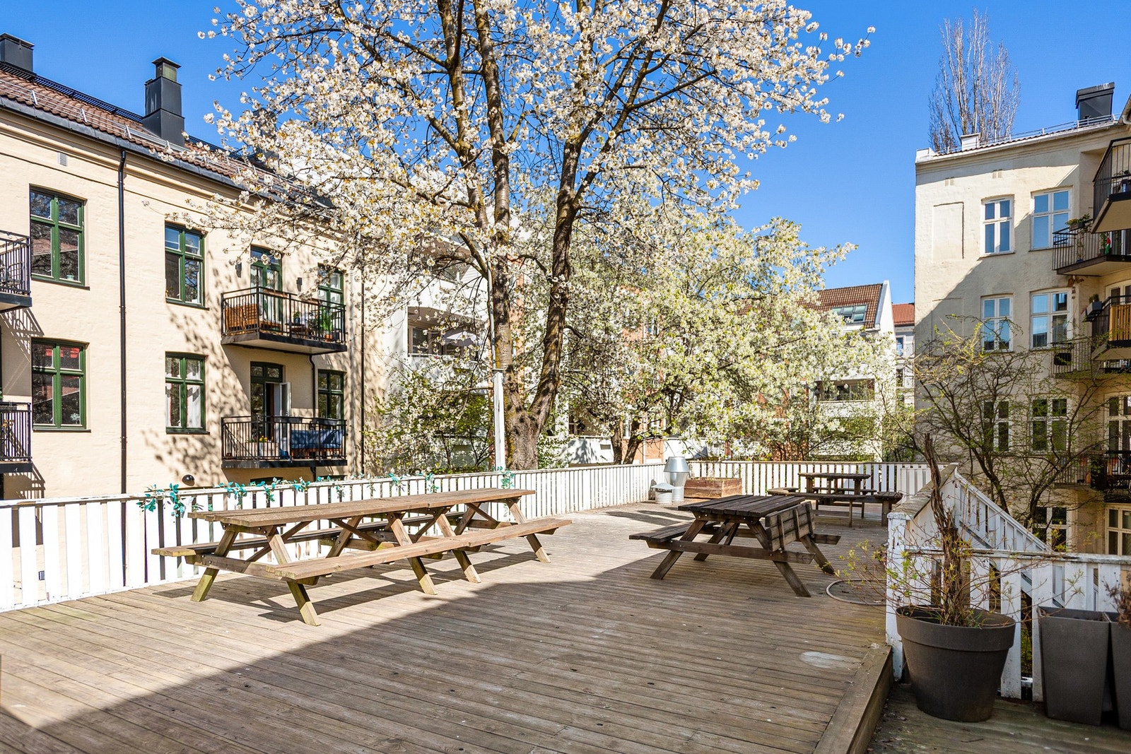 Felles terrasse med hyggelige sittegrupper og grill. Galleribilde