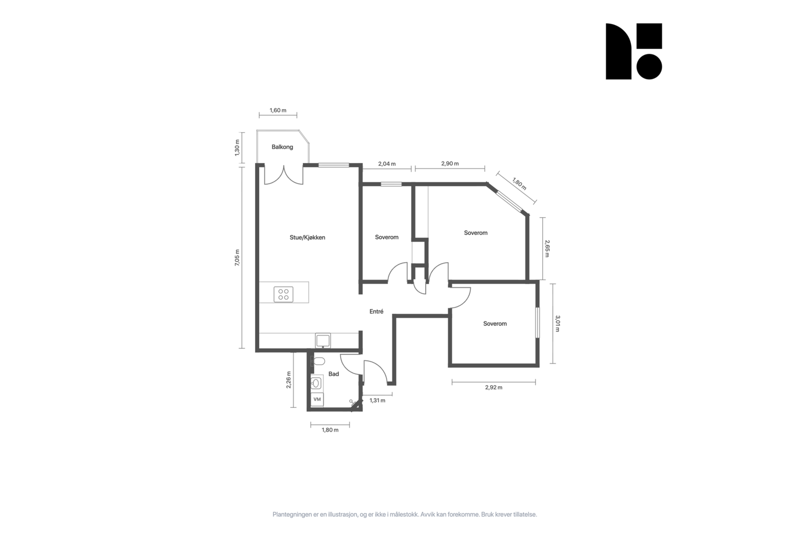 Plantegning. I tillegg disponerer leiligheten to kjellerboder på til sammen ca. 6m². Galleribilde