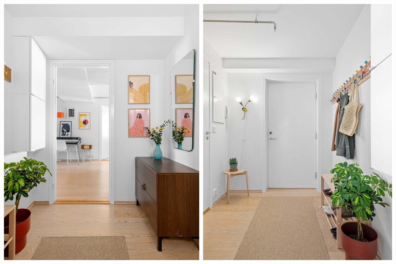 Inngangspartiet er lyst og inviterende med fine enstavs parkettgulv og lysmalte overflater. Her er det god plass til oppbevaring av både klær og sko. Galleribilde