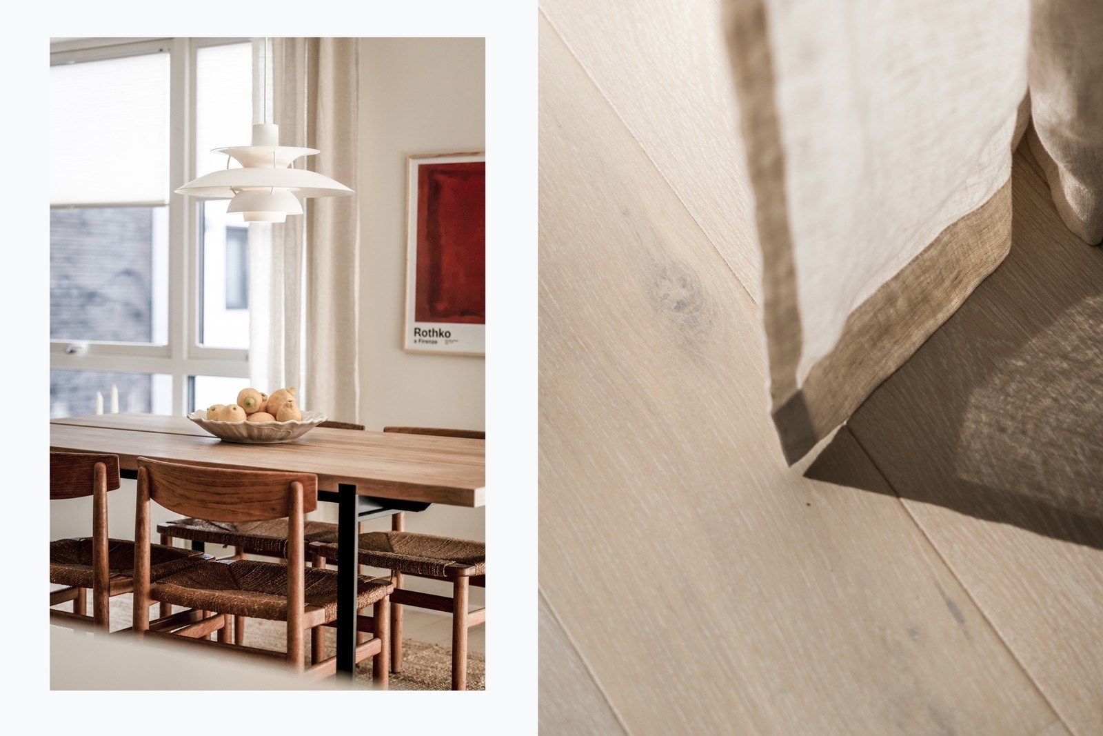 Boligen har smakfulle farge- og materialvalg over det hele. Pen én-stavs eikeparkett på gulvet, og slette, malte overflater på vegger og i himling. Galleribilde